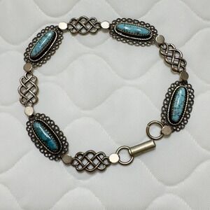 Vintage Art Deco BEAU Sterling Silver 9.8g Celtic Faux Turquoise Link Bracelet